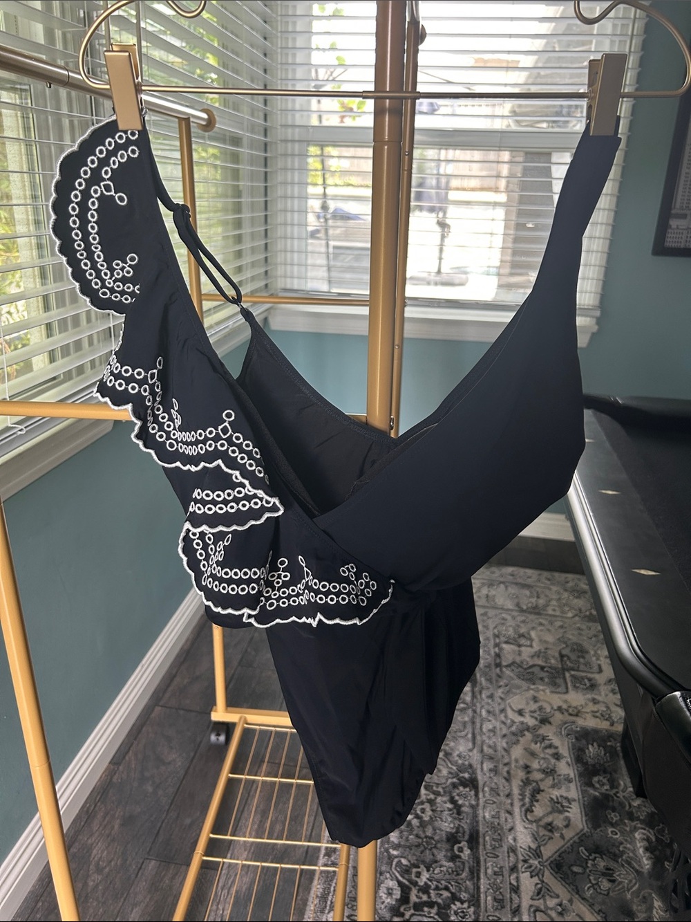 Gottex Black Swimsuit with White Scalloped Embroidery NWT size 12
